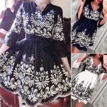 Sexy Deep V-neck 3/4 Trumpet Sleeve Embroidered Dress