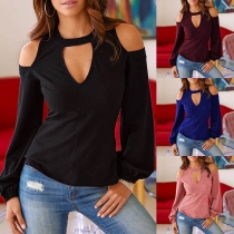 Sexy Off-shoulder Long Sleeve V-neck Solid Color T-shirt 