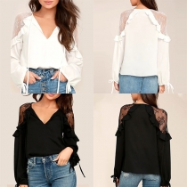 Sexy Deep V-neck Lace Spliced Long Sleeve Solid Color Chiffon Top 