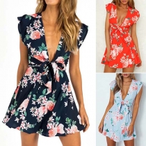 Sexy Deep V-neck Sleeveless Printed Dress