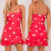 Sexy Backless Ruffle Hem Cherry Printed Sling Dress