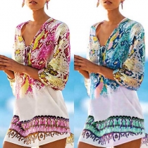 Sexy Deep V-neck Half Sleeve Printed Beach Dress