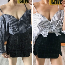 Sexy Off-shoulder Long Sleeve Sling Striped Blouse