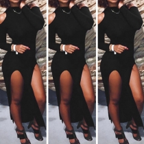 Sexy Off-shoulder Slit Hem Long Sleeve Mock Neck Tight Dress