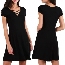 Elegant Solid Color Short Sleeve Lace-up V-neck Dress