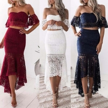 Sexy Off-shoulder Crop Top + High Waist Fishtail Hem Skirt Lace Two-piece Set 
