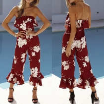 Sexy Strapless High Waist Printed Ruffle Jumpsuit 