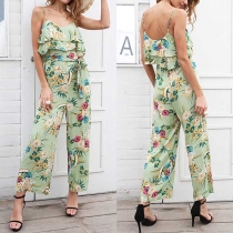 Sexy Bohemia Style Cami Lotus Spliced Printed Pattern Wide-leg Jumpsuit  