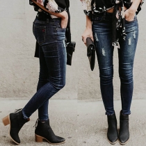 Fashion Pleated Ripped Solid Color Slim fit Jeans