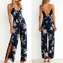 Sexy Deep V-neck Sleeveless Backless Printed Pattern Slit Hemline Jumpsuit