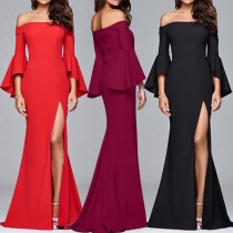 Sexy Boat-neck Long Trumpet Sleeve Solid Color Slit Hemline Slim fit Dress