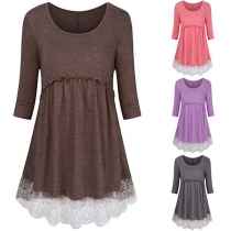 Fashion Round-neck Half Sleeve High-waist Embroidered Lace Spliced Dress