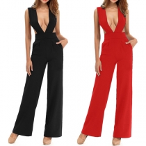Sexy Deep V-neck Halter Solid Color Sleeveless Backless Slim Fit Jumpsuit