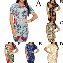 Retro Style Short Sleeve Round Neck Slim Fit Printed Dress