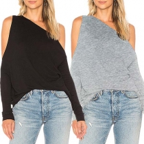 Sexy Oblique Shoulder Long Sleeve Solid Color T-shirt 
