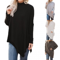 Fashion Solid Color Long Sleeve Irregular Hem Loose T-shirt 