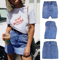 Fashion High Waist Irregular Hem Rhinestone Inlaid Denim Skirt