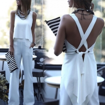 Sexy Lace-up Backless Irregular Hem Solid Color Top 