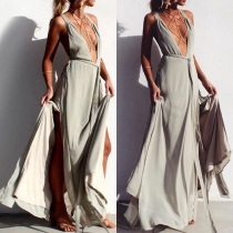 Sexy Deep V-neck Solid Color Sleeveless Slit Hemline Slim Fit Dress