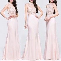 Sweet Round-neck Halter Embroidered Sleeveless Slim Fit Long Dress 