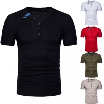 Fashion V-neck Slim Fit Short Sleeve Front Buttons Man's Shirt