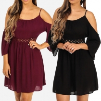 Sexy Off-shoulder 3/4 Sleeve Lace Spliced High Waist Sling Dress