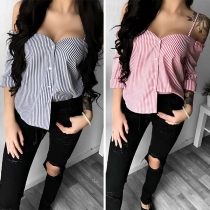 Sexy Off-shoulder Long Sleeve Sling Striped Blouse