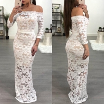Sexy Off-shoulder Boat Neck 3/4 Sleeve High Waist Lace Party Dress