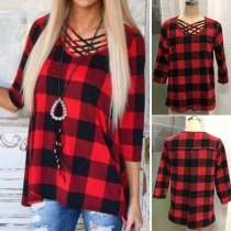 Fashion 3/4 Sleeve Crossover Round Neck Plaid T-shirt 