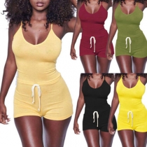 Fashion Solid Color Drawstring Waist Slim Fit Sling Romper