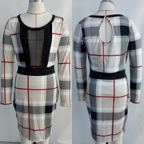 Sexy Gauze Spliced Long Sleeve Round Neck Slim Fit Plaid Dress