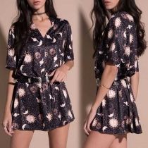 Fashion Short Sleeve V-neck Loose Printed Dress