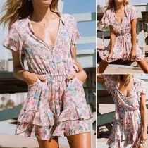 Sexy Short Sleeve V-neck Ruffle Hem Printed Dress