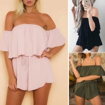 Sexy Boat-neck Off-shoulder Lotus Spliced Short Sleeve Jumpsuit