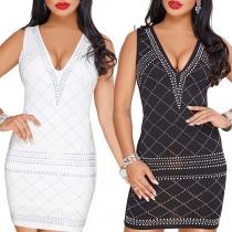 Sexy Deep V-neck Sleeveless Rhinestone Over-hip Dress
