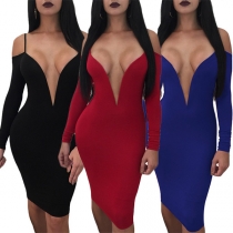 Sexy Deep V-neck Sling Off-shoulder Backless Solid Color Over-hip Party Dress