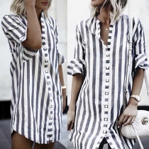 Fashion Lapel Contrast Color Short Sleeve Striped Shirt 