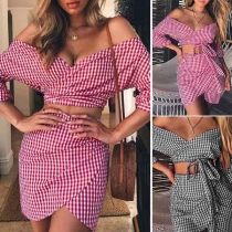 Sexy Deep V-neck Long Sleeve Plaid Shirt + Over-hip Dress Two - Piece Set 