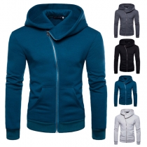 Fashion Solid Color Long Sleeve Zipper Hooded Man's Coat 
