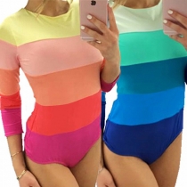 Fashion Contrast Color Striped Long Sleeve Round Neck Bodysuit 