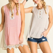 Fashion Sleeveless Round Neck Lace Spliced Contrast Color Top