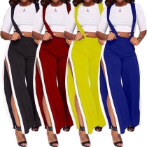 Sexy Slit Hem Contrast Color High Waist Overalls