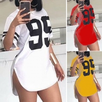 Fashion Number Printed Short Sleeve Round Neck Arc Hem Dress