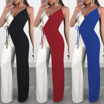 Sexy Backless V-neck High Waist Contrast Color Sling Jumpsuit 