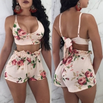 Sexy Backless Printed Crop Top + High Waist Shorts Two-piece Set