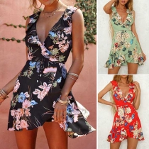 Sexy Deep V-neck Sleeveless High Waist Ruffle Printed Dress