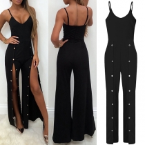 Sexy Backless V-neck Rivet Slit Hem Sling Jumpsuit