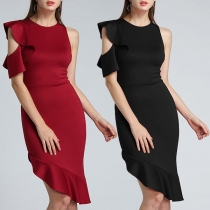 Sexy Lotus Sleeve Irregular Hem Solid Color Slim Fit Dress