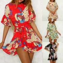 Sweet Style Lotus Sleeve Ruffle Hem Printed Dress