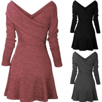 Elegant Solid Color Long Sleeve V-neck Dress